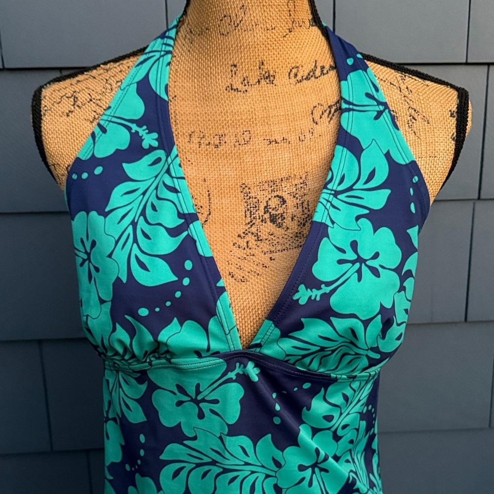 Islander Teal and Navy Floral Halter Swim Coverup - Picture 2 of 6